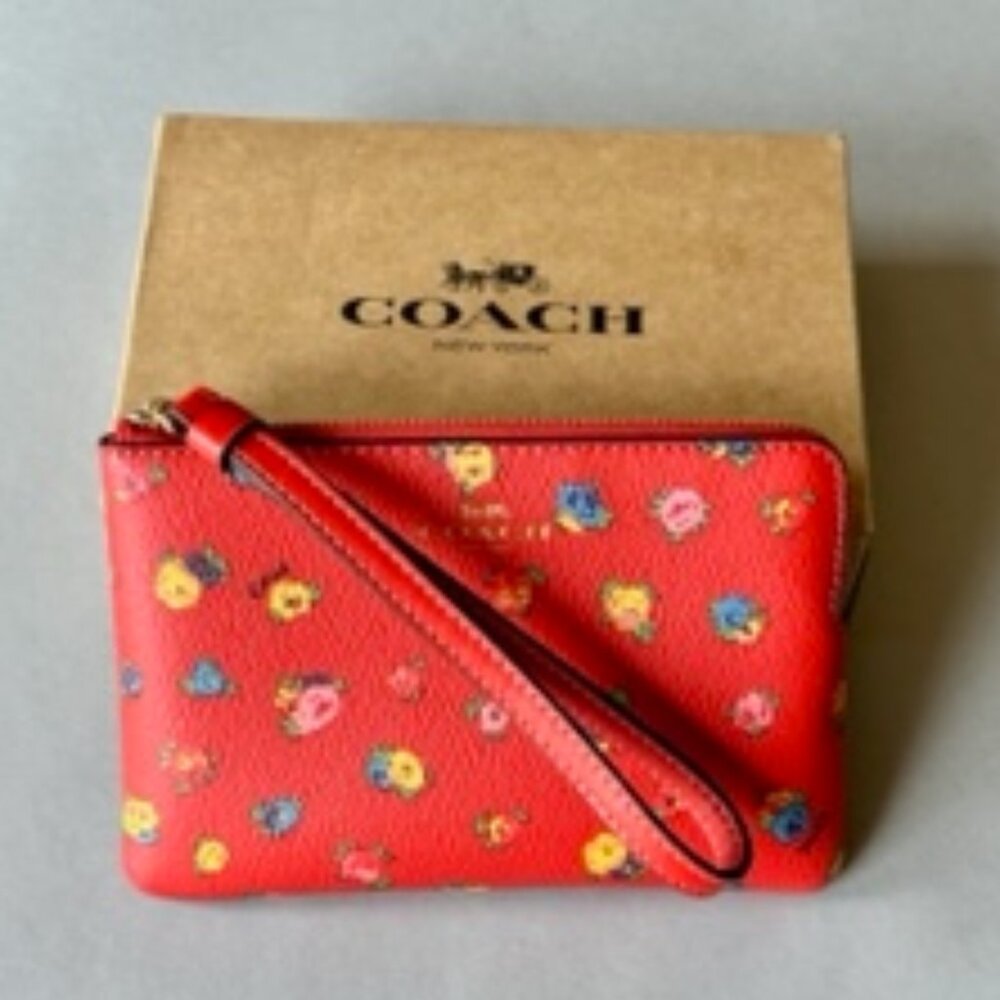 Coach Corner Zip Wristlet Miami Red Mini Vintage Rose Print Leather